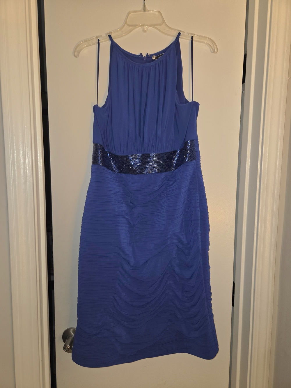 JS Boutique Royal Blue Spaghetti-Strap Midi Dress with Sequin Waistband